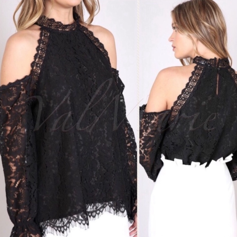 DO+BE Women’s Black Lace Cold Shoulder Long Sleeve Top Size M
